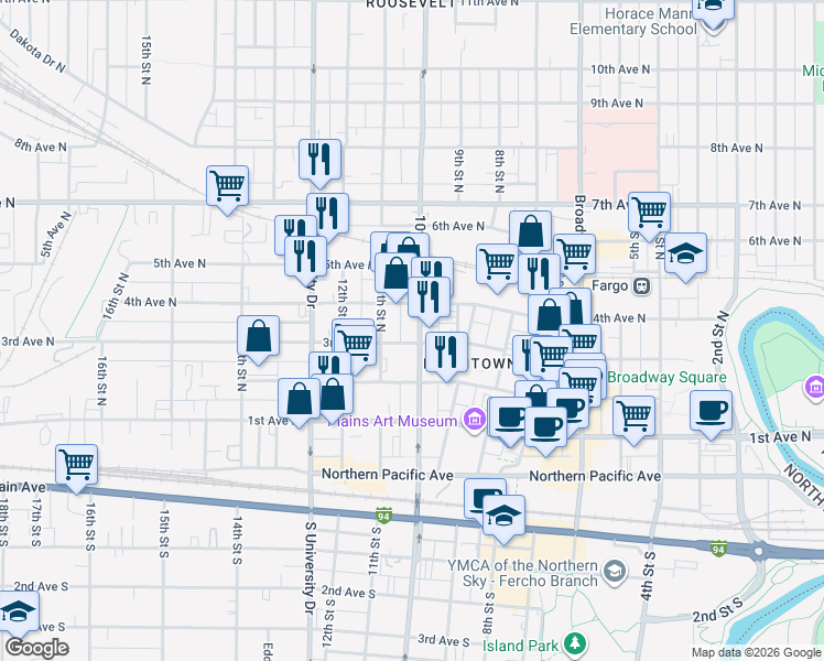 map of restaurants, bars, coffee shops, grocery stores, and more near 1015 3rd Avenue North in Fargo