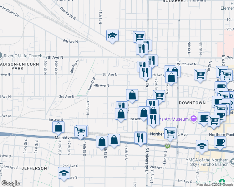 map of restaurants, bars, coffee shops, grocery stores, and more near 1420 3rd Avenue North in Fargo