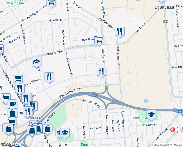map of restaurants, bars, coffee shops, grocery stores, and more near 623 Rue Adanac in Quebec
