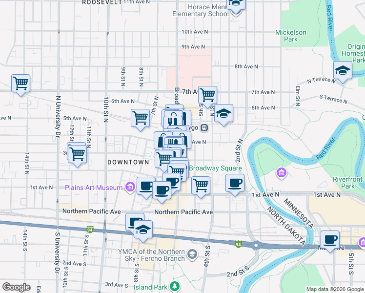 map of restaurants, bars, coffee shops, grocery stores, and more near 325 Broadway North in Fargo