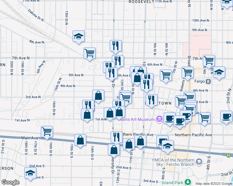 map of restaurants, bars, coffee shops, grocery stores, and more near 315 North University Drive in Fargo