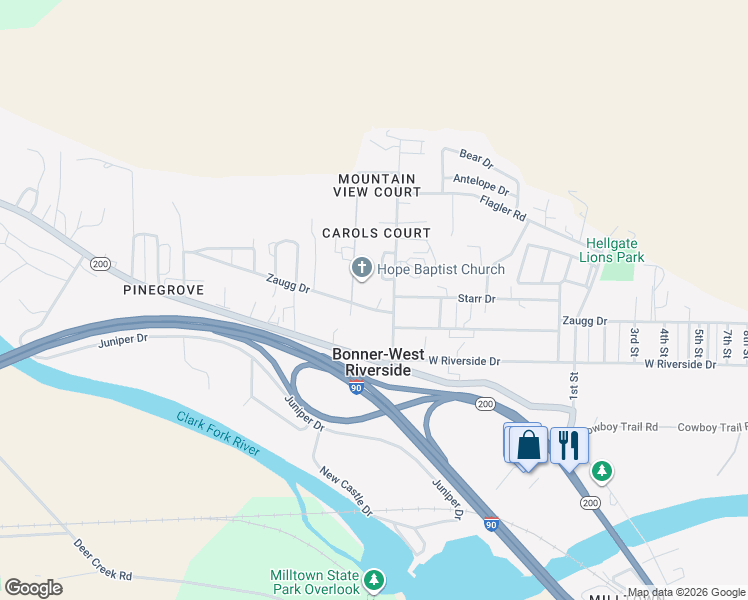 map of restaurants, bars, coffee shops, grocery stores, and more near in Bonner-West Riverside