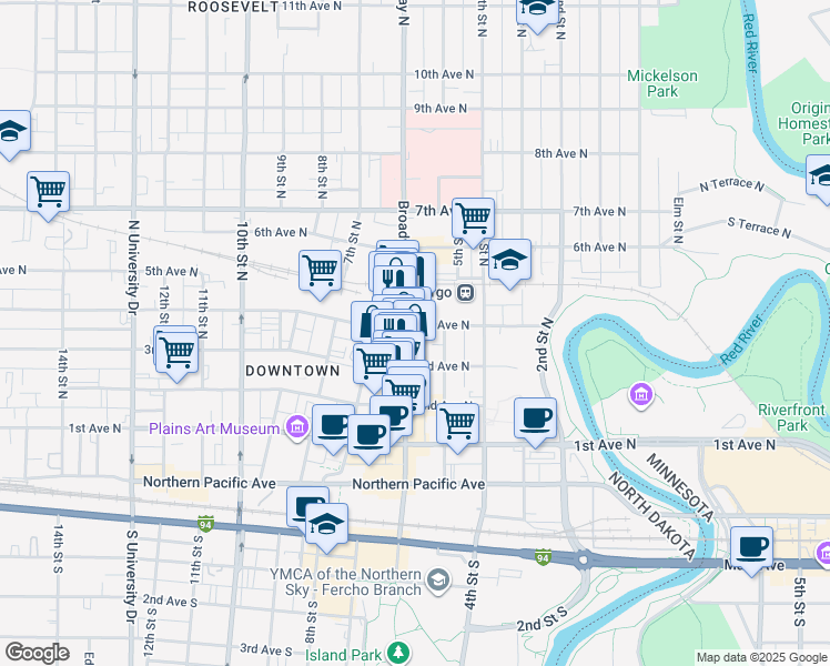 map of restaurants, bars, coffee shops, grocery stores, and more near 325 Broadway North in Fargo
