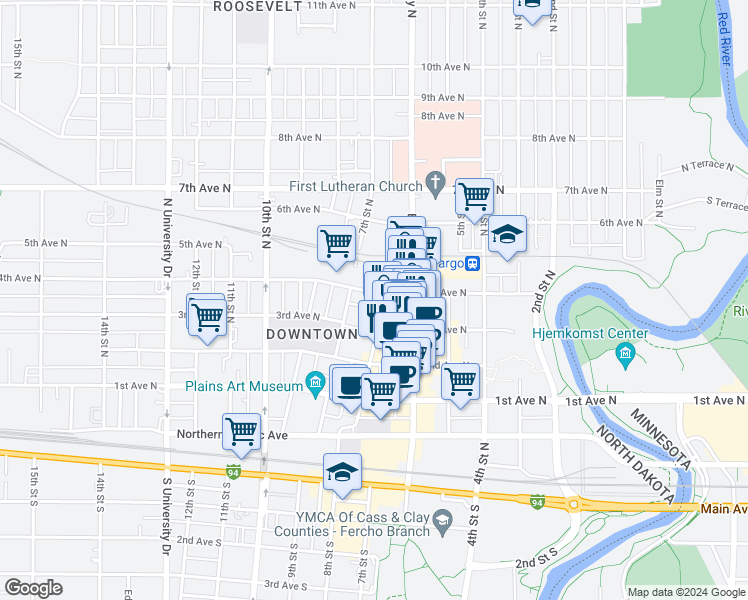 map of restaurants, bars, coffee shops, grocery stores, and more near in Fargo