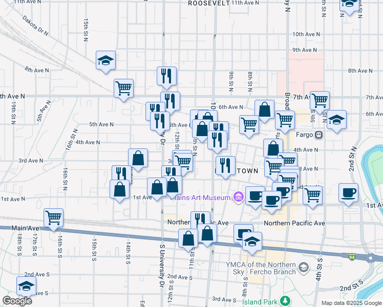 map of restaurants, bars, coffee shops, grocery stores, and more near 1117 3rd Avenue North in Fargo