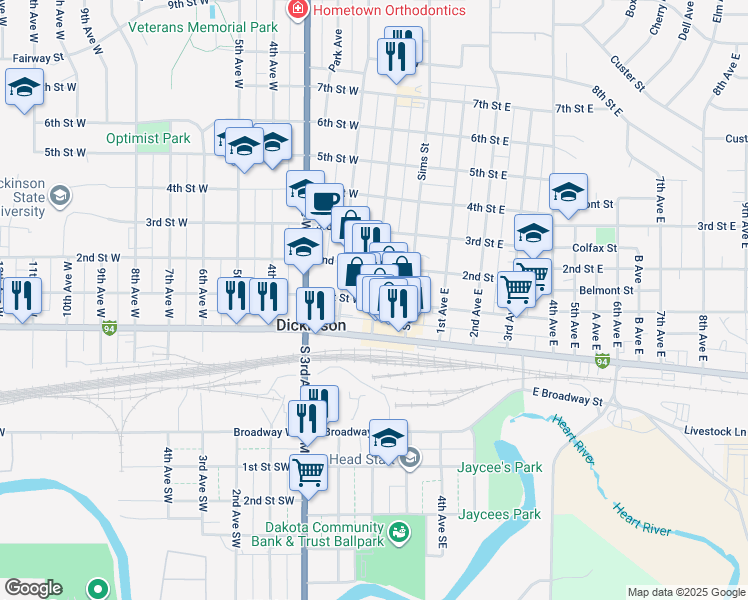 map of restaurants, bars, coffee shops, grocery stores, and more near 103 1st Avenue West in Dickinson