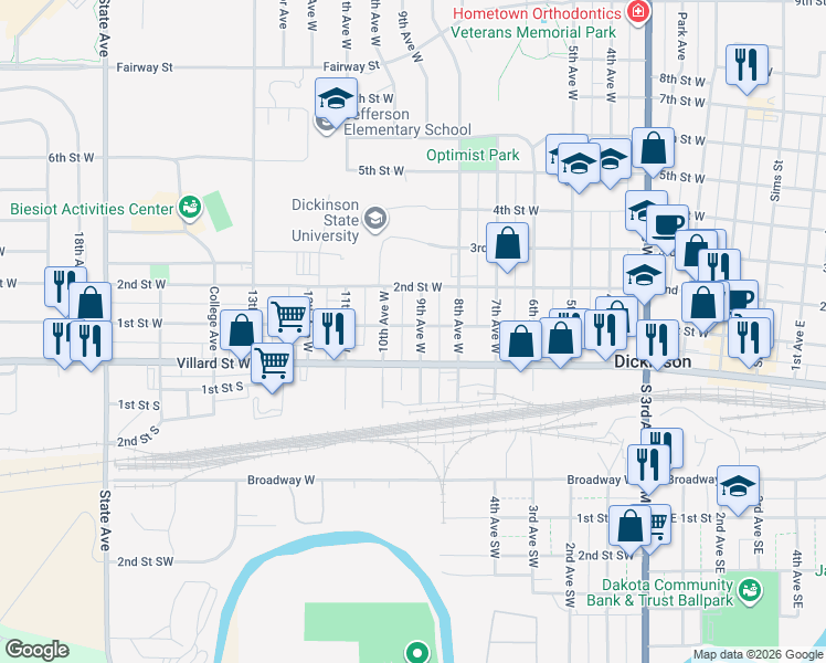 map of restaurants, bars, coffee shops, grocery stores, and more near 44 10th Avenue West in Dickinson