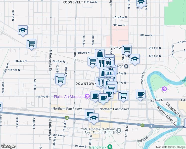 map of restaurants, bars, coffee shops, grocery stores, and more near in Fargo