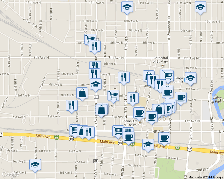 map of restaurants, bars, coffee shops, grocery stores, and more near 316 11th Street North in Fargo