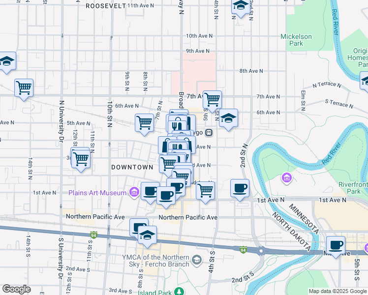 map of restaurants, bars, coffee shops, grocery stores, and more near 222 North Broadway Drive in Fargo