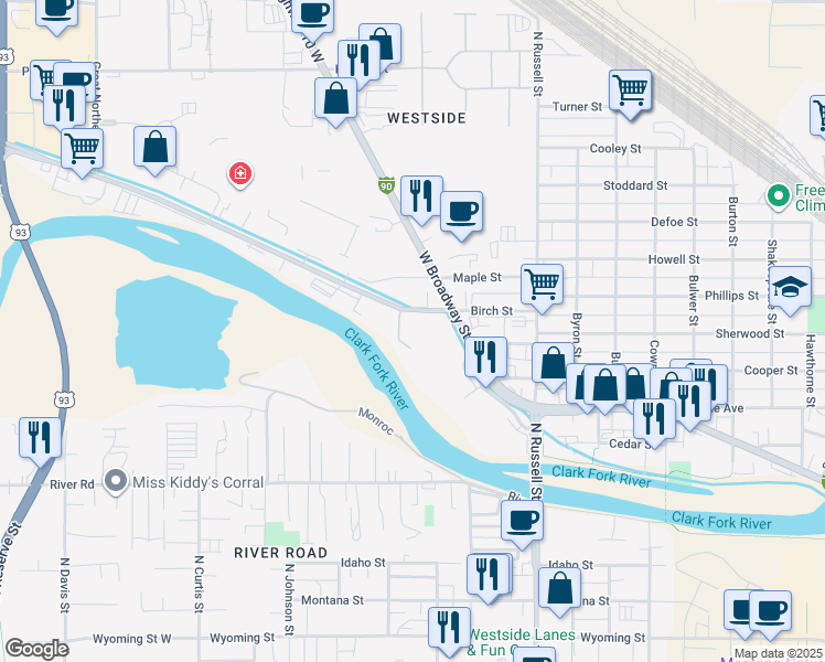 map of restaurants, bars, coffee shops, grocery stores, and more near 2025 Mullan Road in Missoula