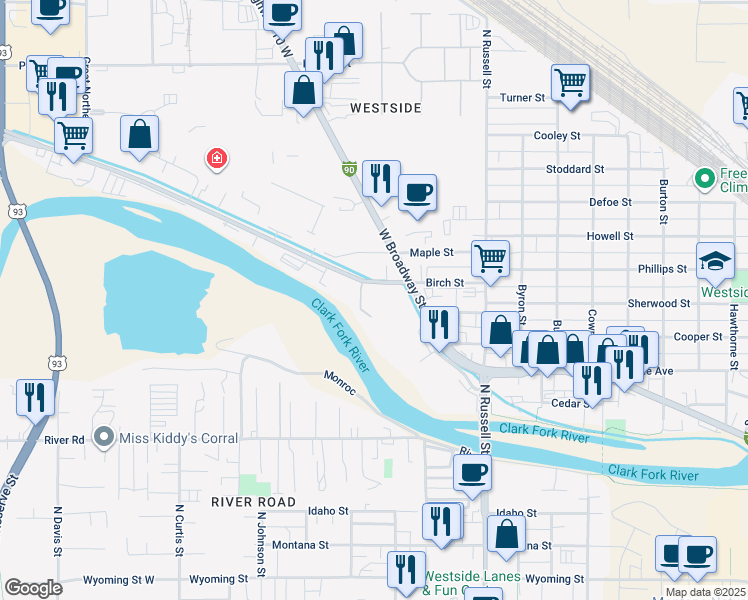 map of restaurants, bars, coffee shops, grocery stores, and more near 2025 Mullan Road in Missoula