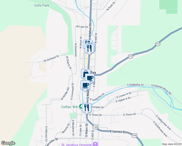 map of restaurants, bars, coffee shops, grocery stores, and more near in Colfax