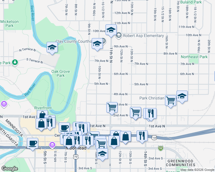 map of restaurants, bars, coffee shops, grocery stores, and more near 1022 4th Avenue North in Moorhead