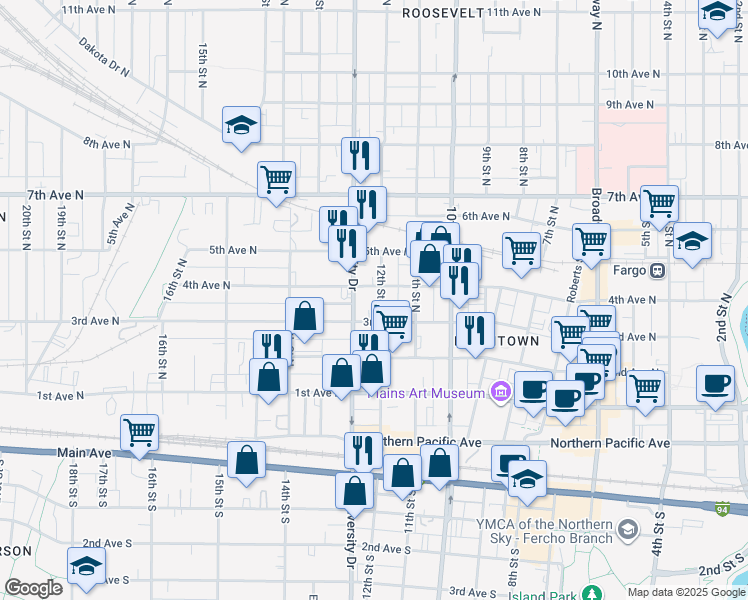 map of restaurants, bars, coffee shops, grocery stores, and more near in Fargo