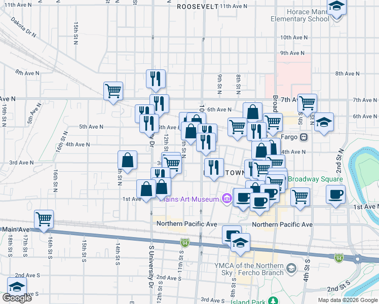 map of restaurants, bars, coffee shops, grocery stores, and more near 303 11th Street North in Fargo