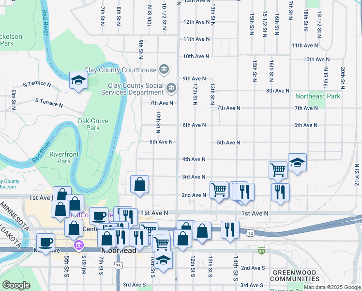 map of restaurants, bars, coffee shops, grocery stores, and more near 424 11th Street North in Moorhead