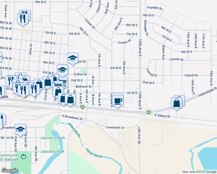 map of restaurants, bars, coffee shops, grocery stores, and more near 724 East 1st Street in Dickinson