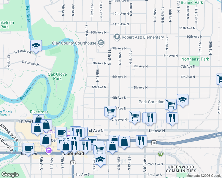 map of restaurants, bars, coffee shops, grocery stores, and more near 424 11th Street North in Moorhead