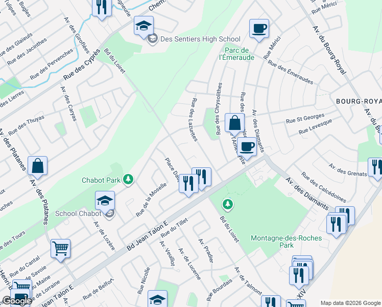 map of restaurants, bars, coffee shops, grocery stores, and more near 1140 Boulevard du Loiret in Québec