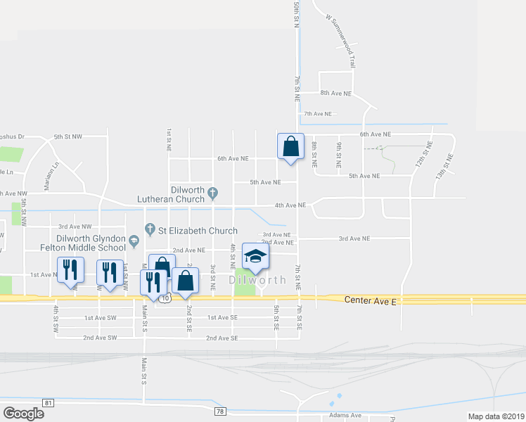 map of restaurants, bars, coffee shops, grocery stores, and more near 501 4th Avenue Northeast in Dilworth