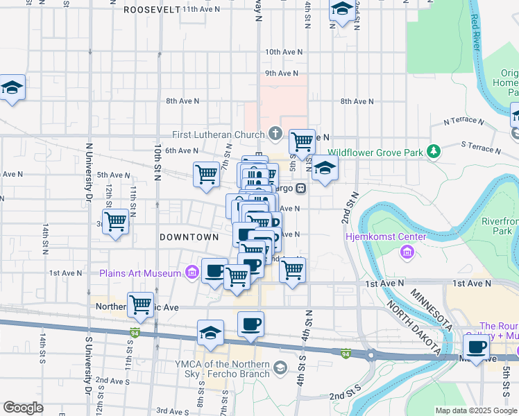 map of restaurants, bars, coffee shops, grocery stores, and more near 400 Broadway in Fargo