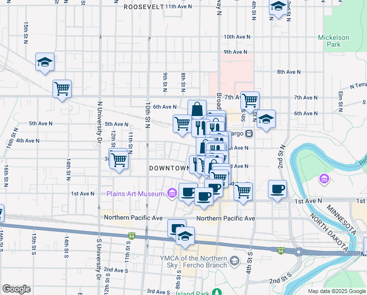 map of restaurants, bars, coffee shops, grocery stores, and more near 708 4th Avenue North in Fargo
