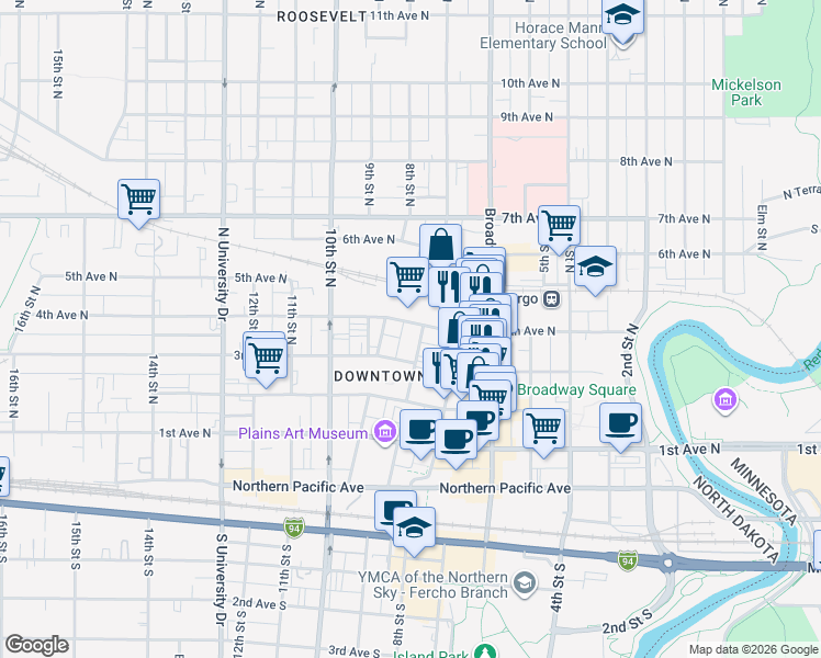 map of restaurants, bars, coffee shops, grocery stores, and more near 708 4th Avenue North in Fargo