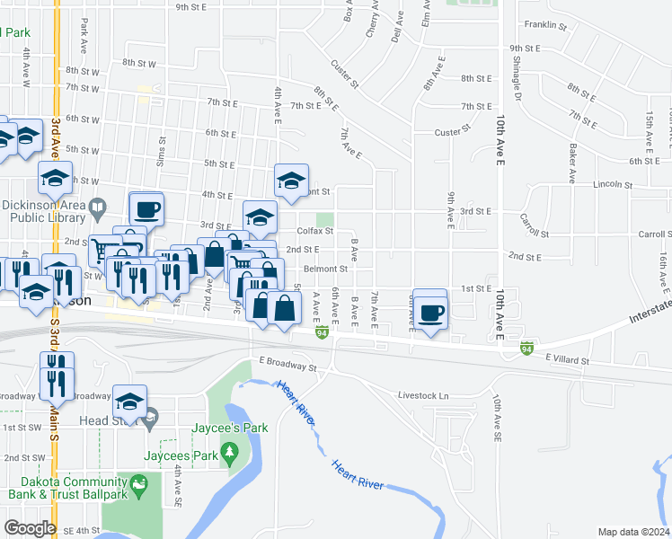 map of restaurants, bars, coffee shops, grocery stores, and more near 138 6th Avenue East in Dickinson