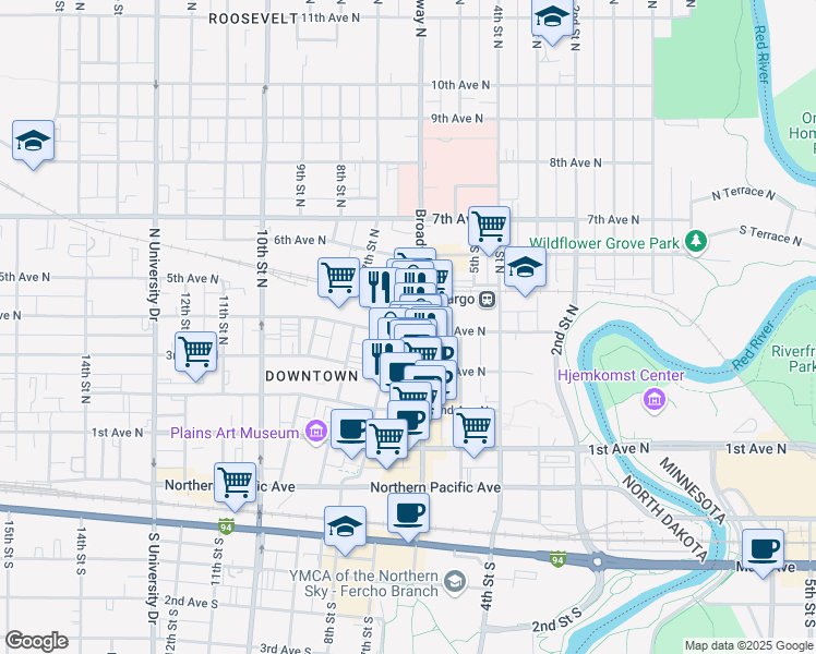 map of restaurants, bars, coffee shops, grocery stores, and more near 400 Broadway in Fargo