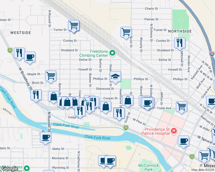 map of restaurants, bars, coffee shops, grocery stores, and more near 1331 Phillips Street in Missoula