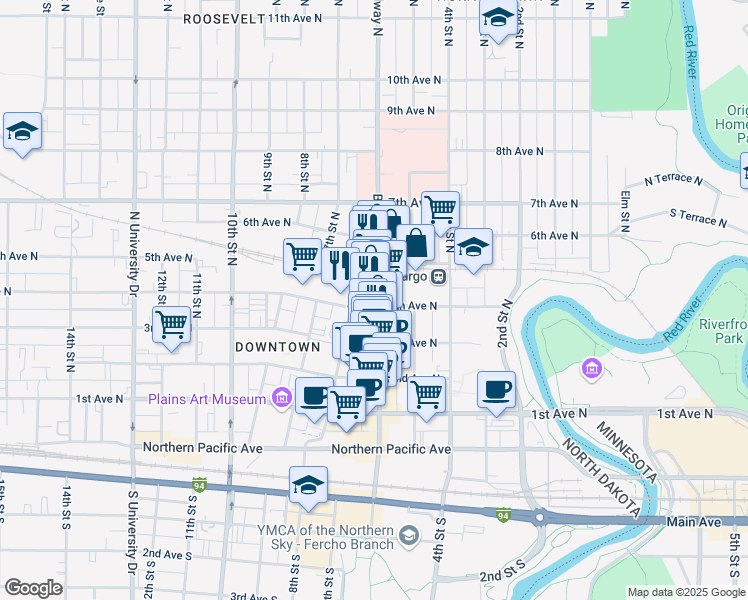 map of restaurants, bars, coffee shops, grocery stores, and more near 420 North Broadway Drive in Fargo