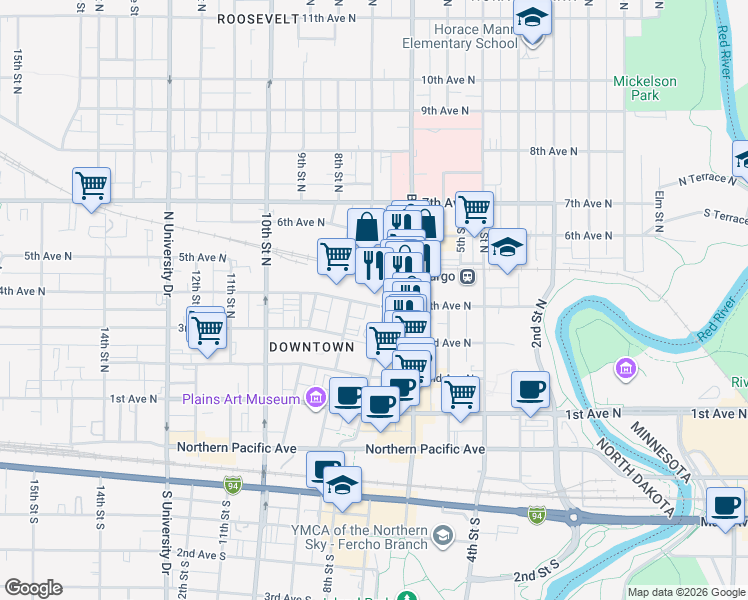 map of restaurants, bars, coffee shops, grocery stores, and more near 428 Roberts Street North in Fargo