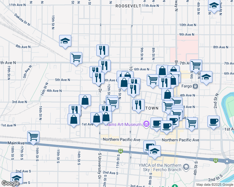 map of restaurants, bars, coffee shops, grocery stores, and more near 411 12th Street North in Fargo