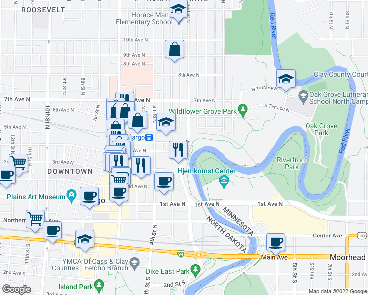 map of restaurants, bars, coffee shops, grocery stores, and more near 203 4th Avenue North in Fargo