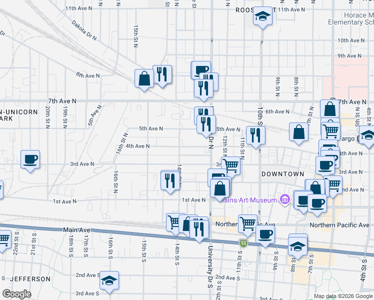 map of restaurants, bars, coffee shops, grocery stores, and more near 1340 4th Avenue North in Fargo
