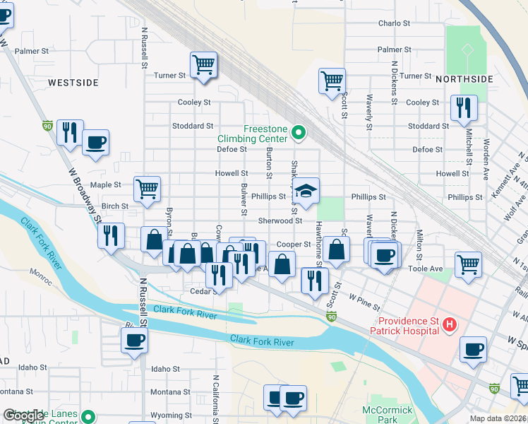 map of restaurants, bars, coffee shops, grocery stores, and more near 1331 Phillips Street in Missoula