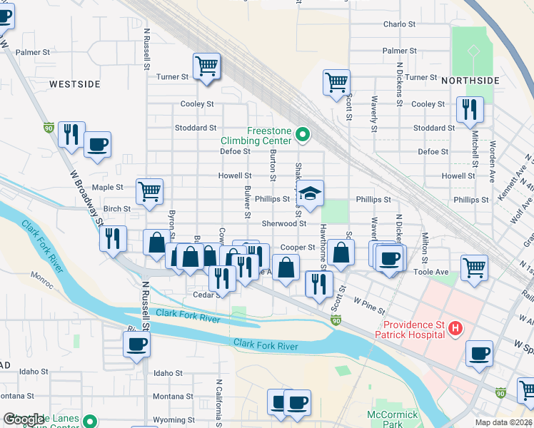 map of restaurants, bars, coffee shops, grocery stores, and more near 1331 Phillips Street in Missoula