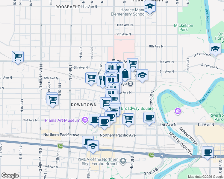 map of restaurants, bars, coffee shops, grocery stores, and more near 420 North Broadway Drive in Fargo