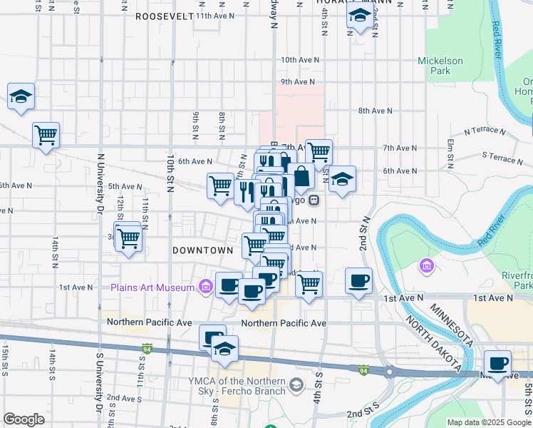 map of restaurants, bars, coffee shops, grocery stores, and more near 420 North Broadway Drive in Fargo