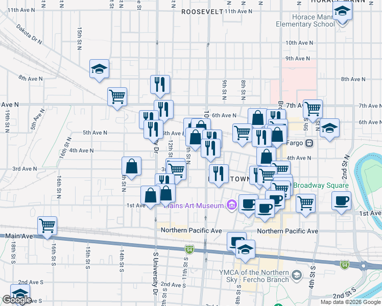 map of restaurants, bars, coffee shops, grocery stores, and more near 1017 4th Ave N in Fargo