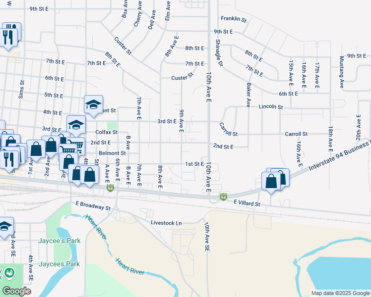 map of restaurants, bars, coffee shops, grocery stores, and more near 162 9th Avenue East in Dickinson