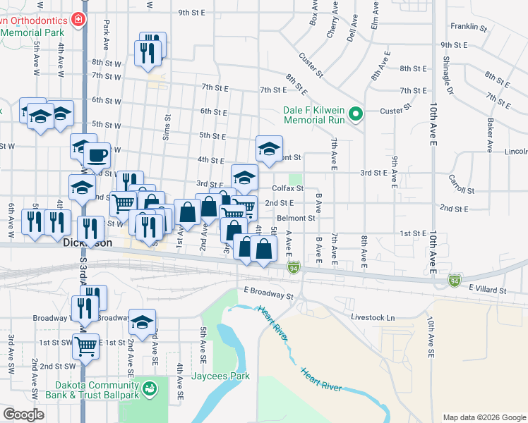 map of restaurants, bars, coffee shops, grocery stores, and more near 417 2nd Street East in Dickinson