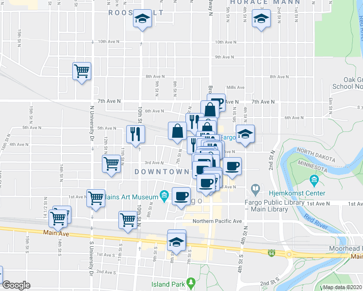 map of restaurants, bars, coffee shops, grocery stores, and more near 420 7th Street North in Fargo