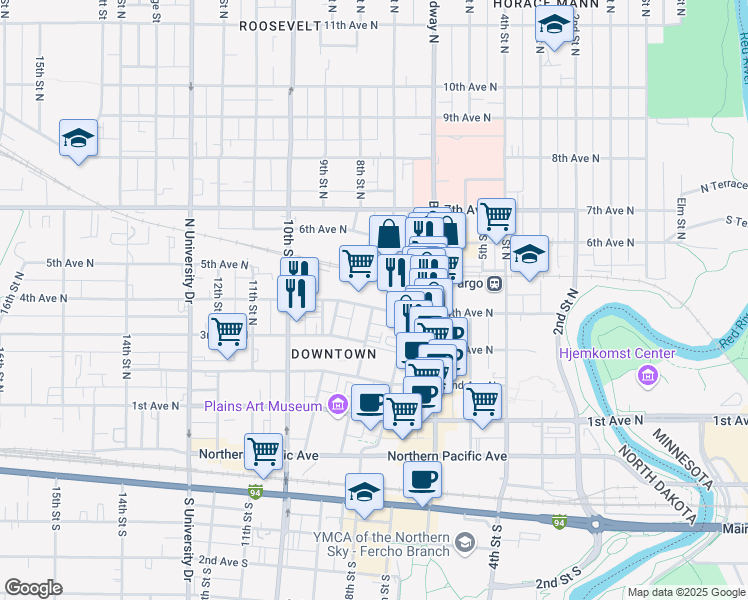 map of restaurants, bars, coffee shops, grocery stores, and more near 420 7th Street North in Fargo