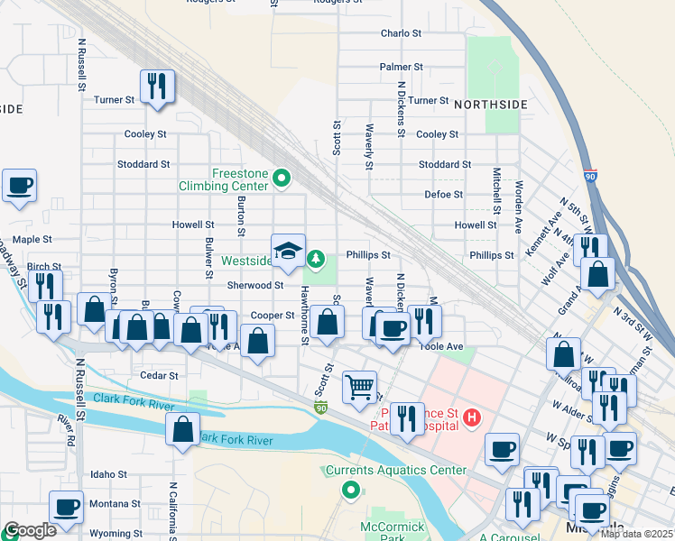 map of restaurants, bars, coffee shops, grocery stores, and more near 1035 Phillips Street in Missoula