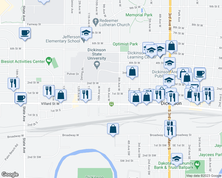 map of restaurants, bars, coffee shops, grocery stores, and more near 122 9th Avenue West in Dickinson