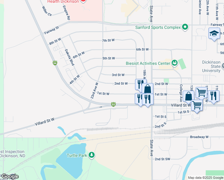map of restaurants, bars, coffee shops, grocery stores, and more near 1900-2298 2nd Street West in Dickinson