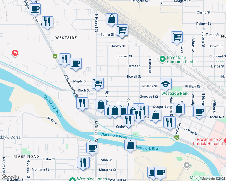 map of restaurants, bars, coffee shops, grocery stores, and more near 1728 Phillips Street in Missoula