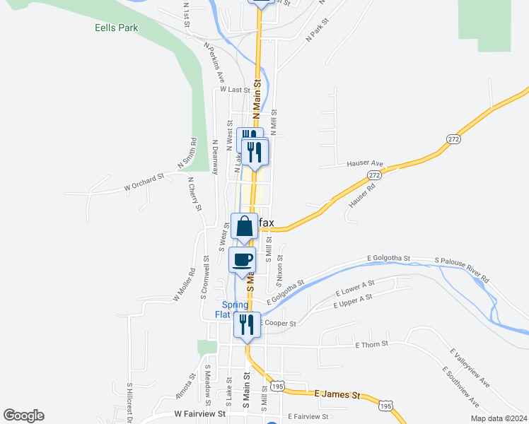 map of restaurants, bars, coffee shops, grocery stores, and more near 102 North Main Street in Colfax